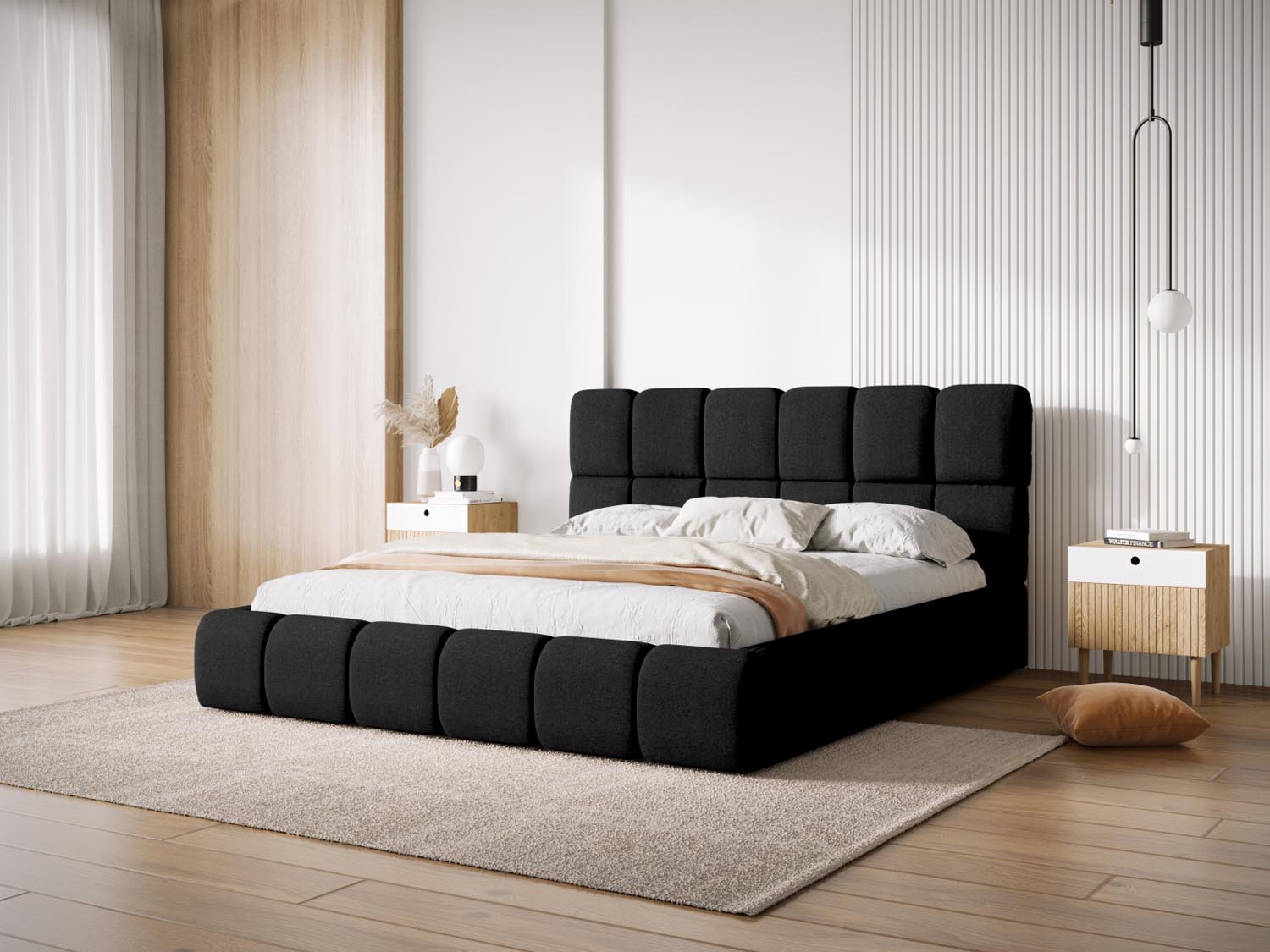 Elegantes Bellis Bett mit praktischem Stauraum und stilvollem Headboard in Schwarz, ideal für moderne Schlafzimmer.