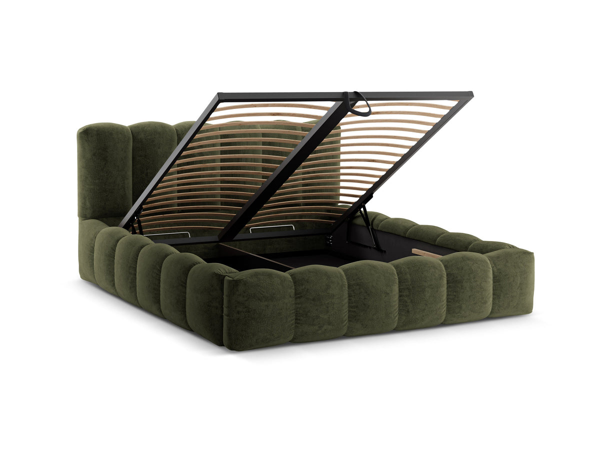 Doppelbett mit Kopfteil in strukturiertem Bouclé-Stoff, Rahmen aus Kiefernholz und MDF, schwarze Kunststoffbeine, Bettkasten mit Gasdruckfeder
