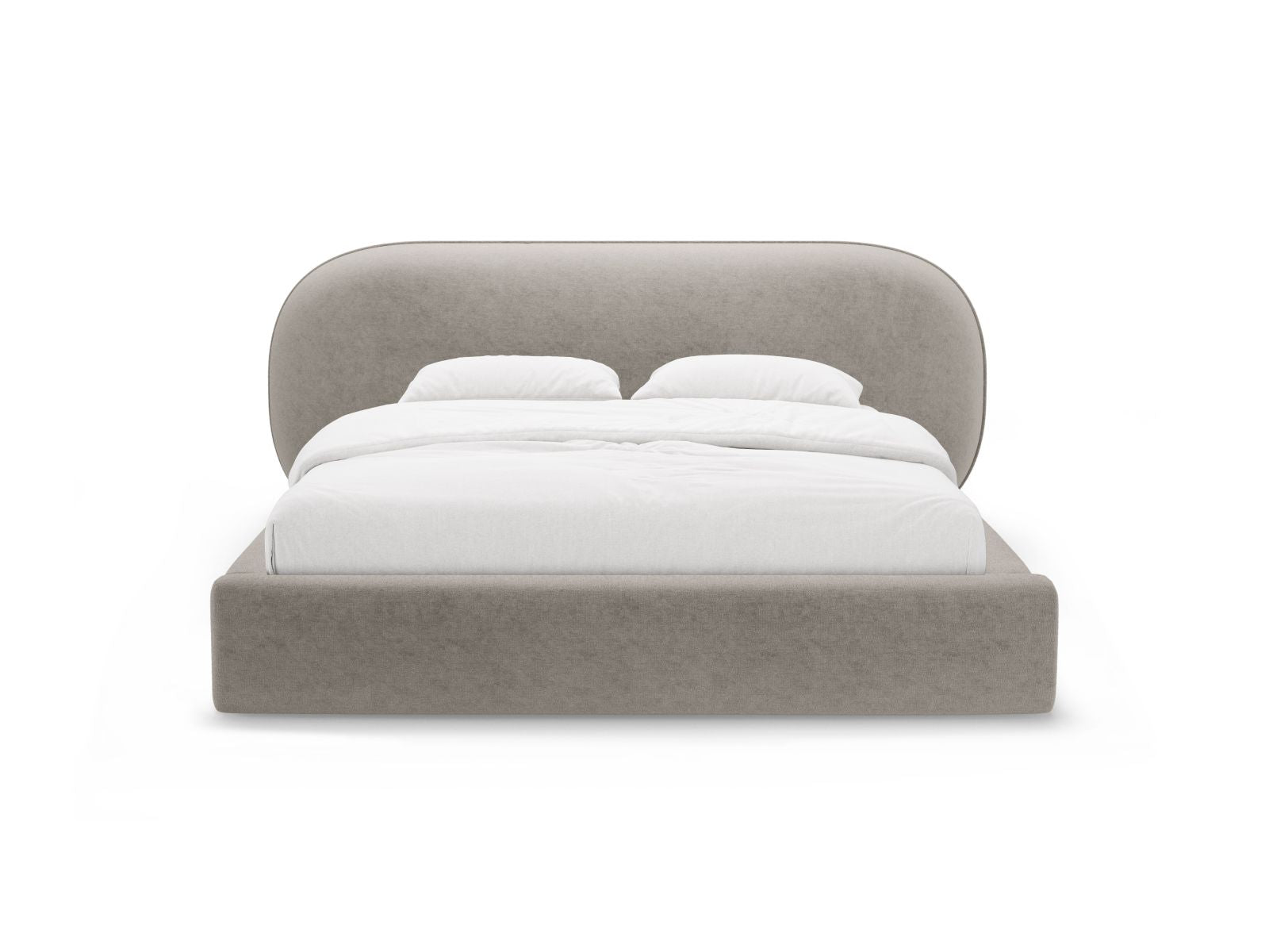 Elegantes Ovalo Bett mit praktischem Stauraum und stilvollem Kopfteil in Beige, ideal für modernes Wohnen. Entdecken Sie es bei KAQTU.