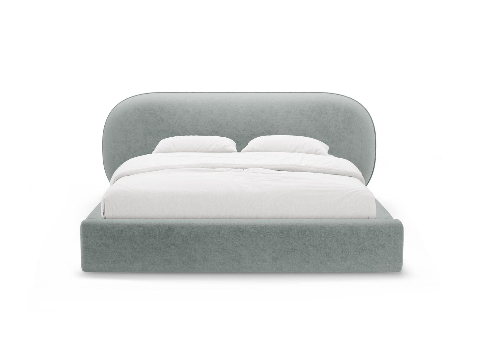 Elegantes Ovalo Bett mit praktischem Stauraum und stilvollem Kopfteil in sanftem Hellblau, ideal für modernes Wohnen.