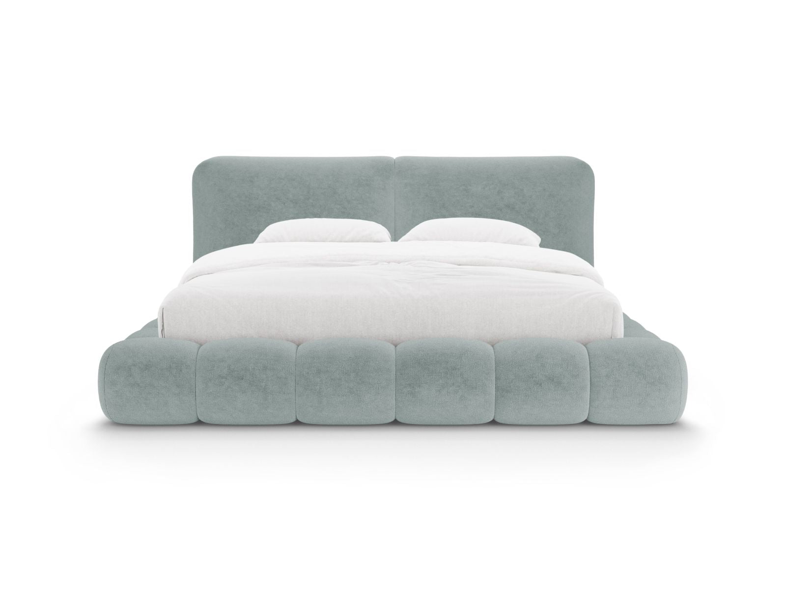 Elegantes Solange Bett mit praktischem Stauraum und stilvollem Kopfteil in sanftem Hellblau, ideal für moderne Schlafzimmer.