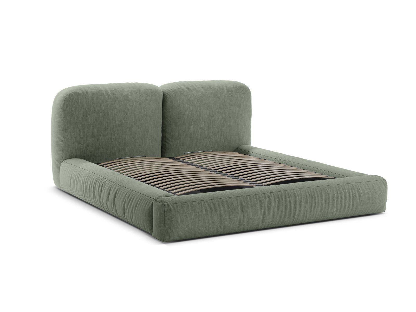 Elegantes Martina Bett in sanftem Moss Green, ideal für moderne Schlafzimmer, bietet praktischen Stauraum und ein geschmackvolles Kopfteil.