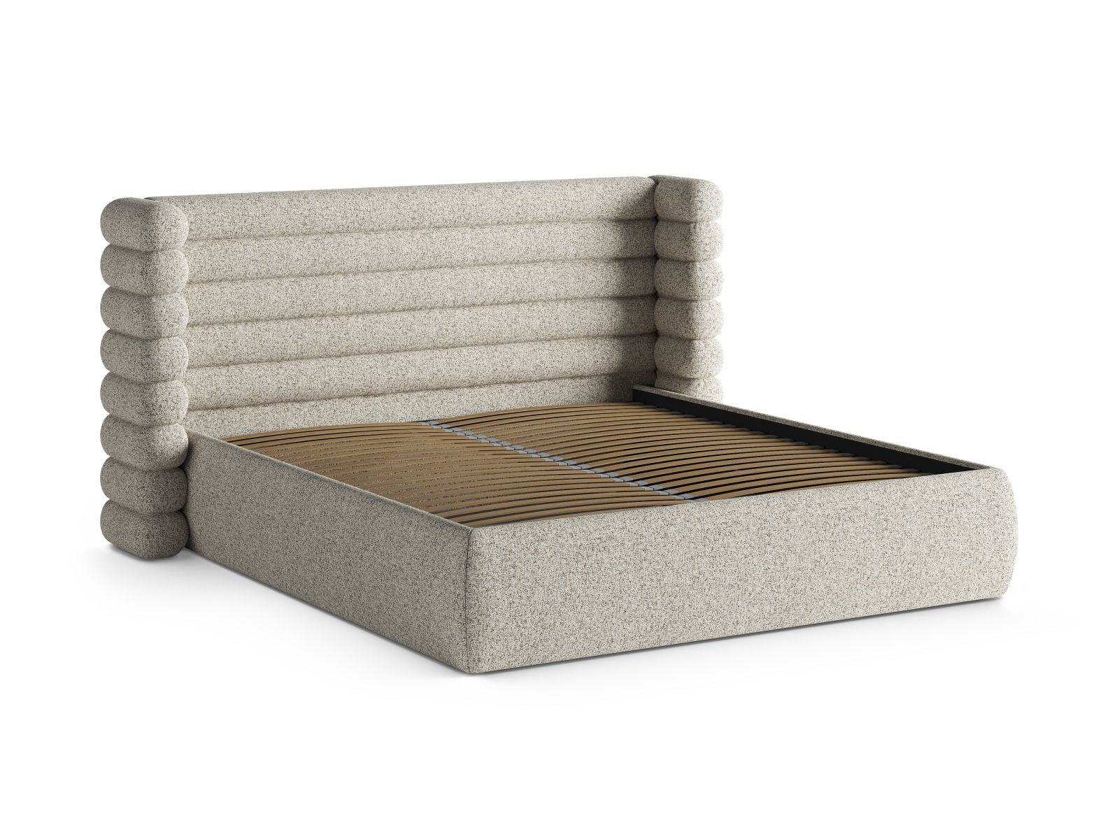 Elegantes Mount Bett in Beige Melange mit integriertem Stauraum und ansprechendem Kopfteil, ideal für stilvolle Schlafzimmerlösungen.