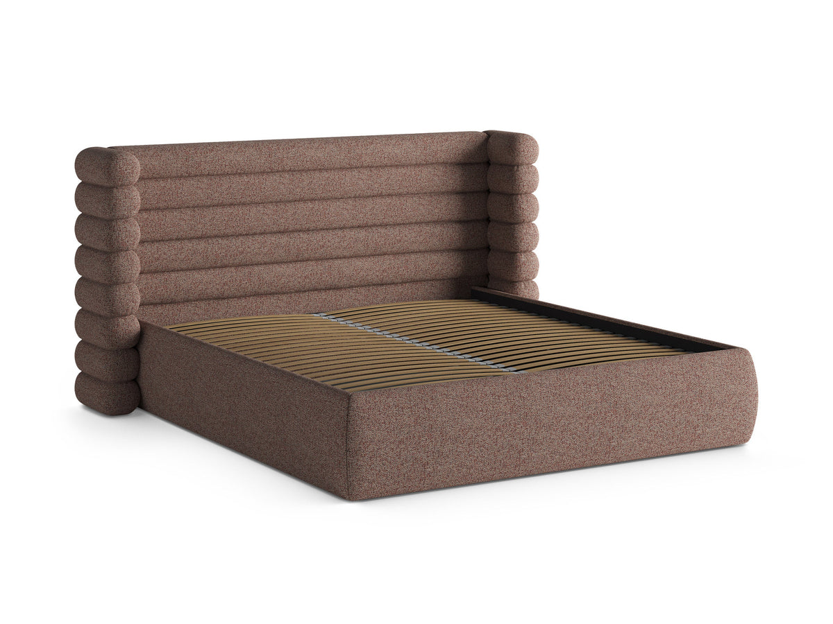 Mount Stauraumbett mit Kopfteil von Micadoni, Bettgestell mit gepolstertem Kopfteil in Beige Melange-Puente und Bettkasten mit Gaslift-Mechanismus.