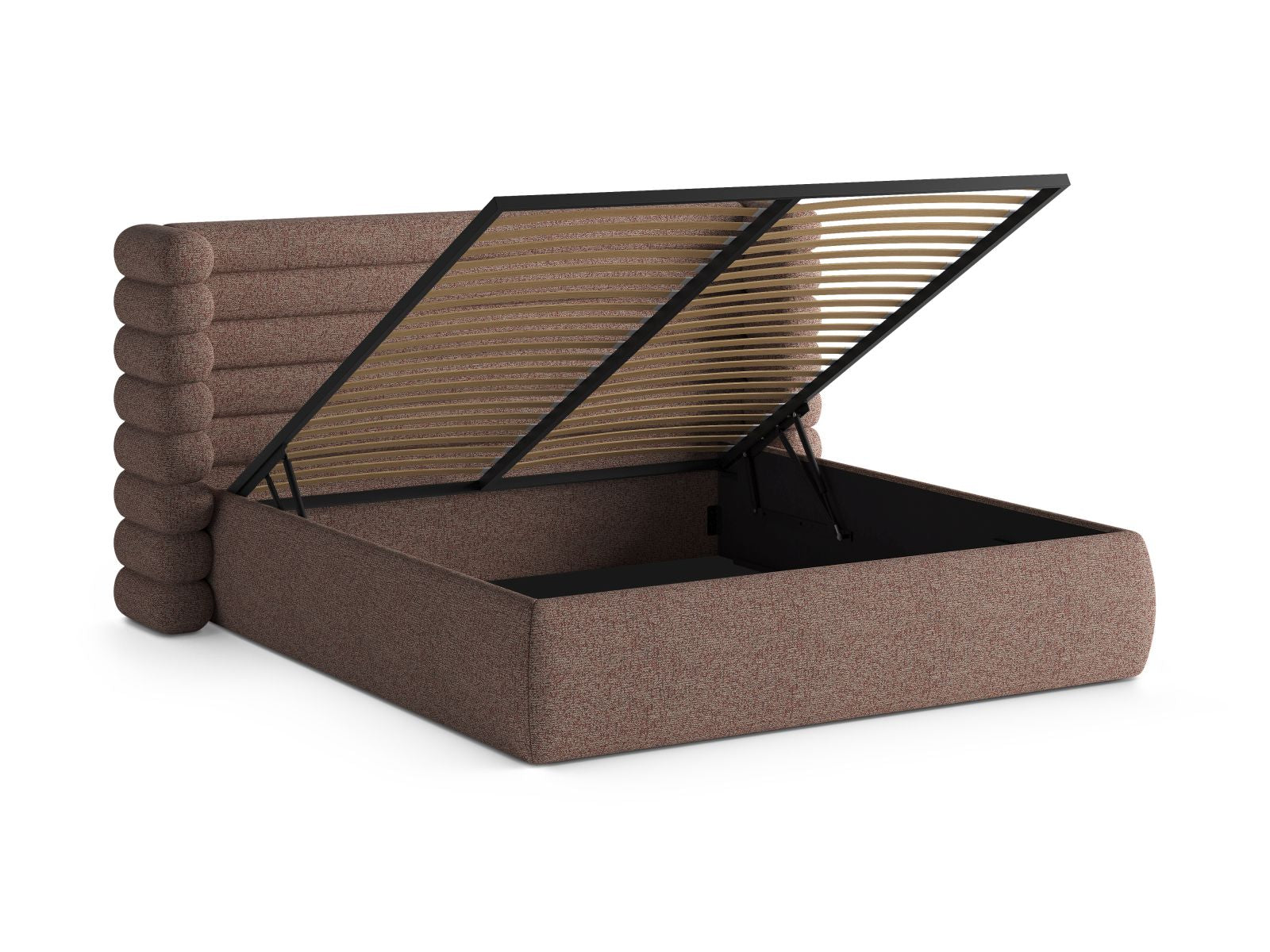 Elegantes Mount Bett in sanftem Pink Melange, ausgestattet mit praktischem Stauraum und einem geschmackvollen Kopfteil für ein modernes Schlafzimmer.