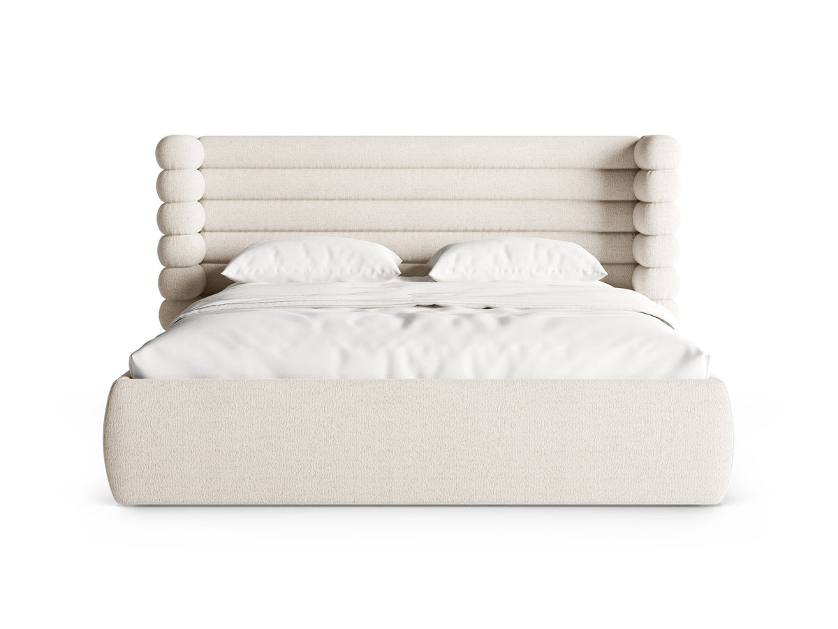 Mount Stauraumbett mit Kopfteil von Micadoni, Bettgestell mit gepolstertem Kopfteil in Beige Melange-Puente und Bettkasten mit Gaslift-Mechanismus.