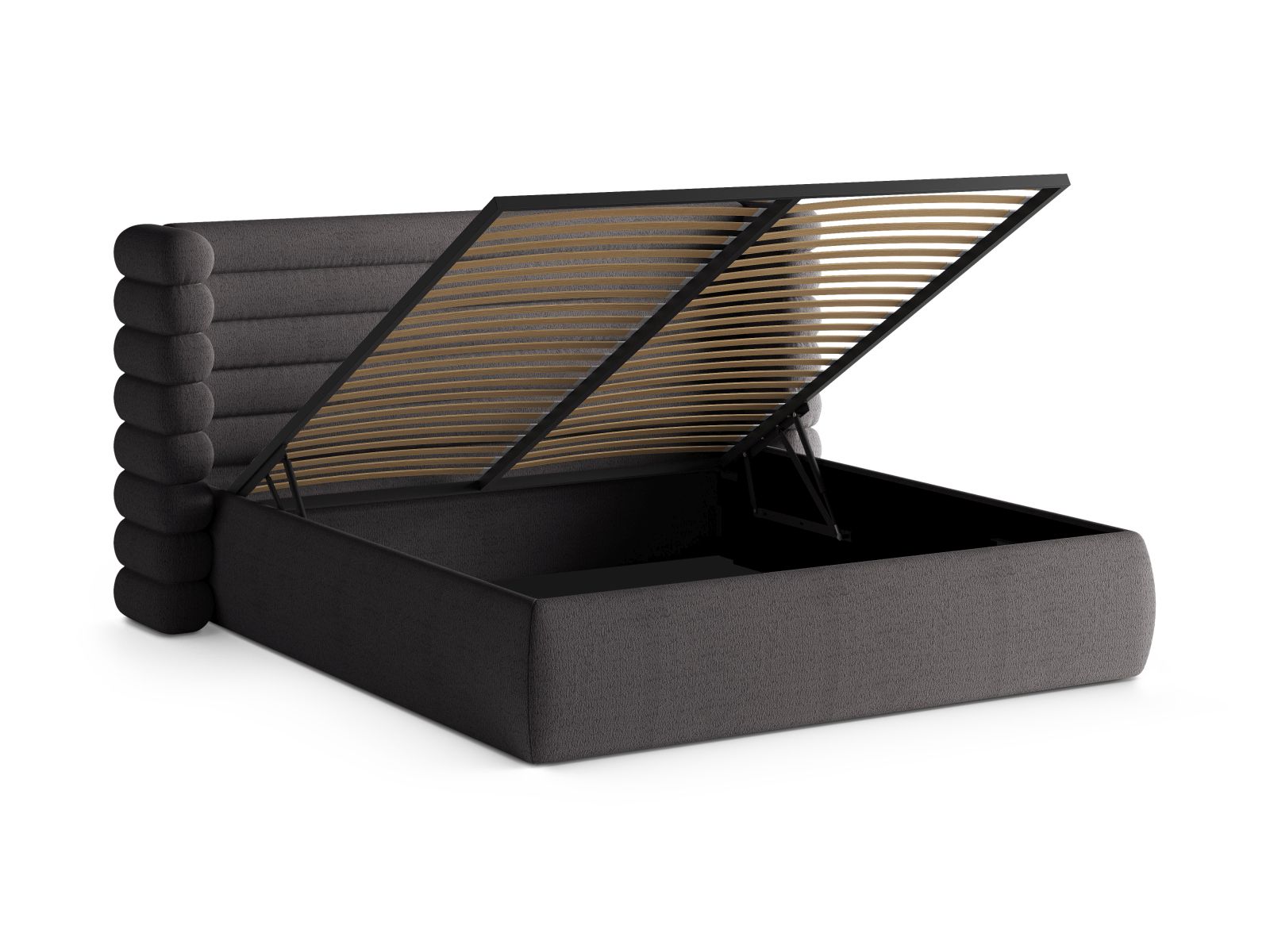 Stylisches Mount Bett in Graphit mit integriertem Stauraum und modernem Kopfteil, perfekt für eine funktionale und ästhetische Schlafzimmereinrichtung.
