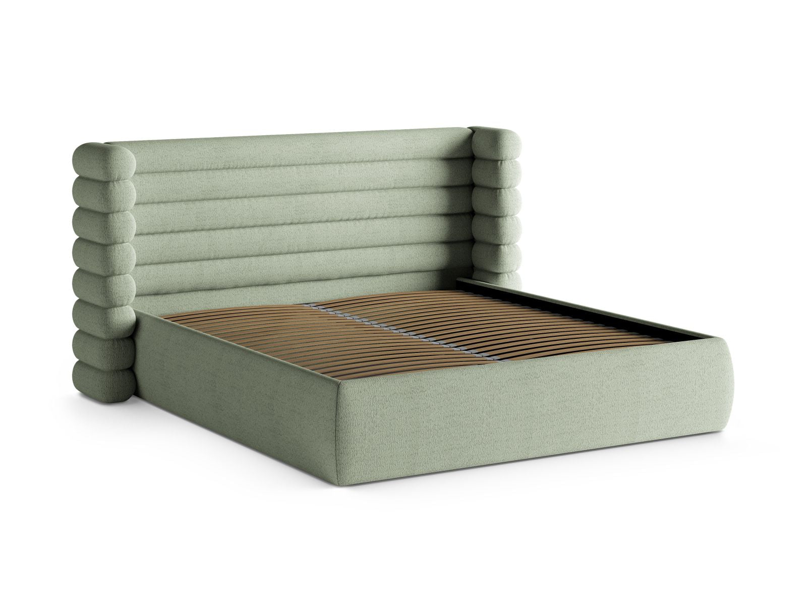 Elegantes Mount Bett mit praktischem Stauraum und stilvollem Kopfteil in Mint-CORAL, ideal für eine moderne Schlafzimmeratmosphäre.