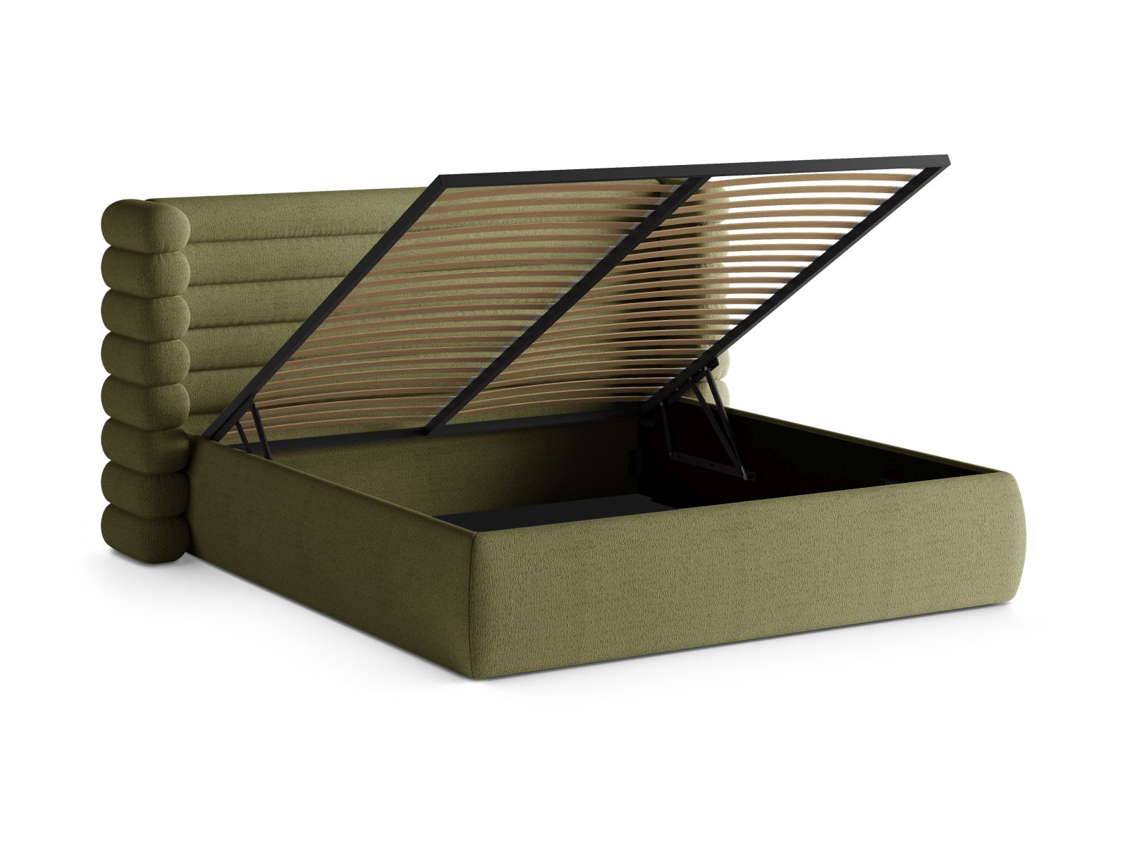 Modernes Mount Bett mit großzügigem Stauraum und ansprechendem Kopfteil in Light Olive-CORAL, perfekt für stilvolle Schlafzimmer.