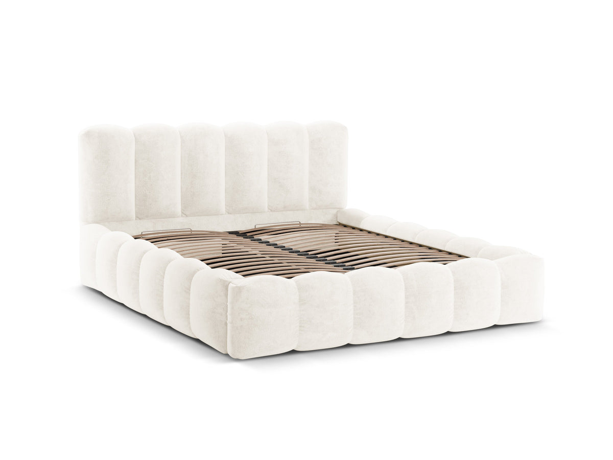 Doppelbett mit Kopfteil in strukturiertem Bouclé-Stoff, Rahmen aus Kiefernholz und MDF, schwarze Kunststoffbeine, Bettkasten mit Gasdruckfeder