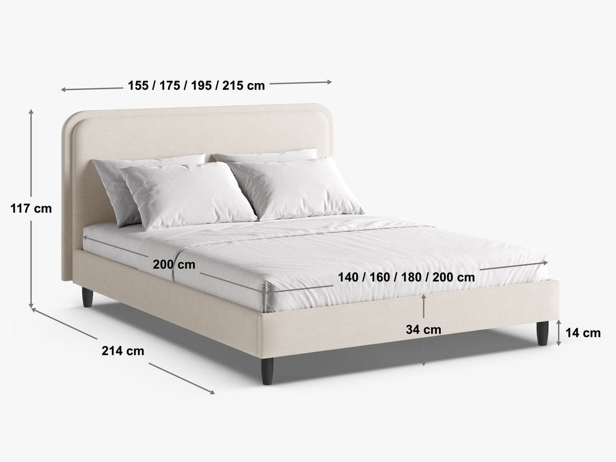 Aveline Bett mit gepolstertem Kopfteil, Stoffbezug Wind, Liegefläche 200 x 200 cm, schwarze Holzbeine, Farbe Ivory-Wind, von Micadoni