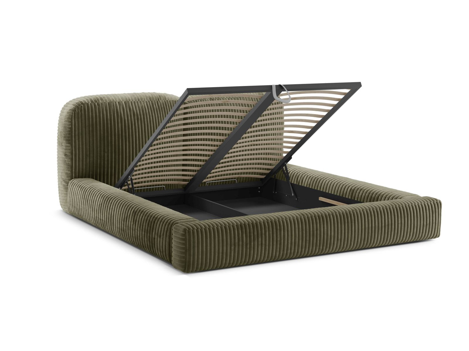 Stilvolles Martina Bett in sanftem Moss Green, 200 cm, mit praktischem Stauraum und elegantem Kopfteil für ein modernes Ambiente.