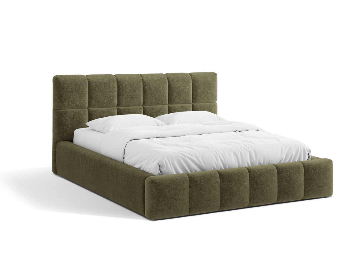 Bellis Ablagebett mit Kopfteil von Micadoni in Gelb, Bezug aus Bluvel-Stoff, schwarze Kunststoffbeine, gepolstertes Kopfteil mit Ziernähten.