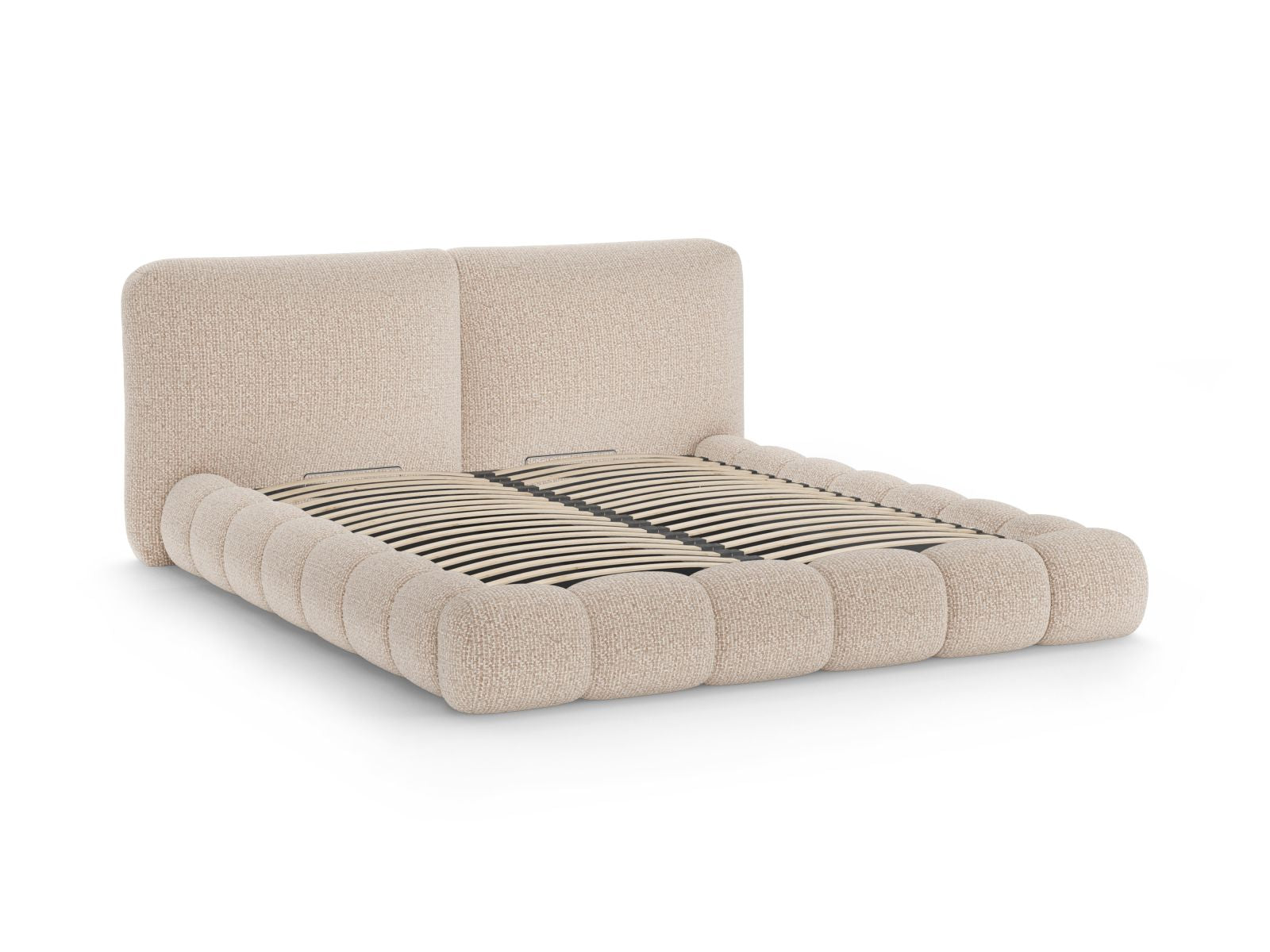 Elegantes Solange Bett mit 200 cm Kopfteil und praktischem Stauraum, ideal für stilvolle Schlafzimmer in sanften Erdtönen.