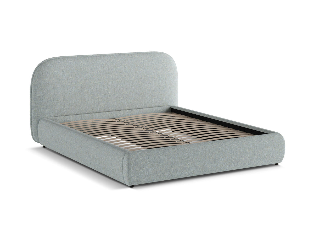 Murada Bett mit gepolstertem Kopfteil, Stoffbezug Tracy in Light Beige Melange, schwarze Kunststoffbeine, Rahmen aus Möbelplatte und Sperrholz.