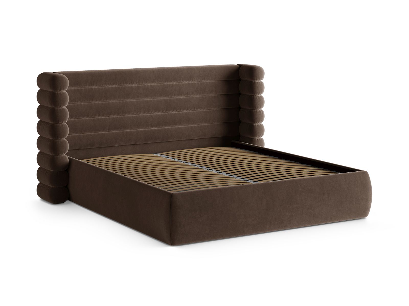 Elegantes Mount Bett mit 200 cm Breite, integriertem Stauraum und stilvollem Kopfteil in Chocolate-Salvador, ideal für moderne Schlafzimmer.