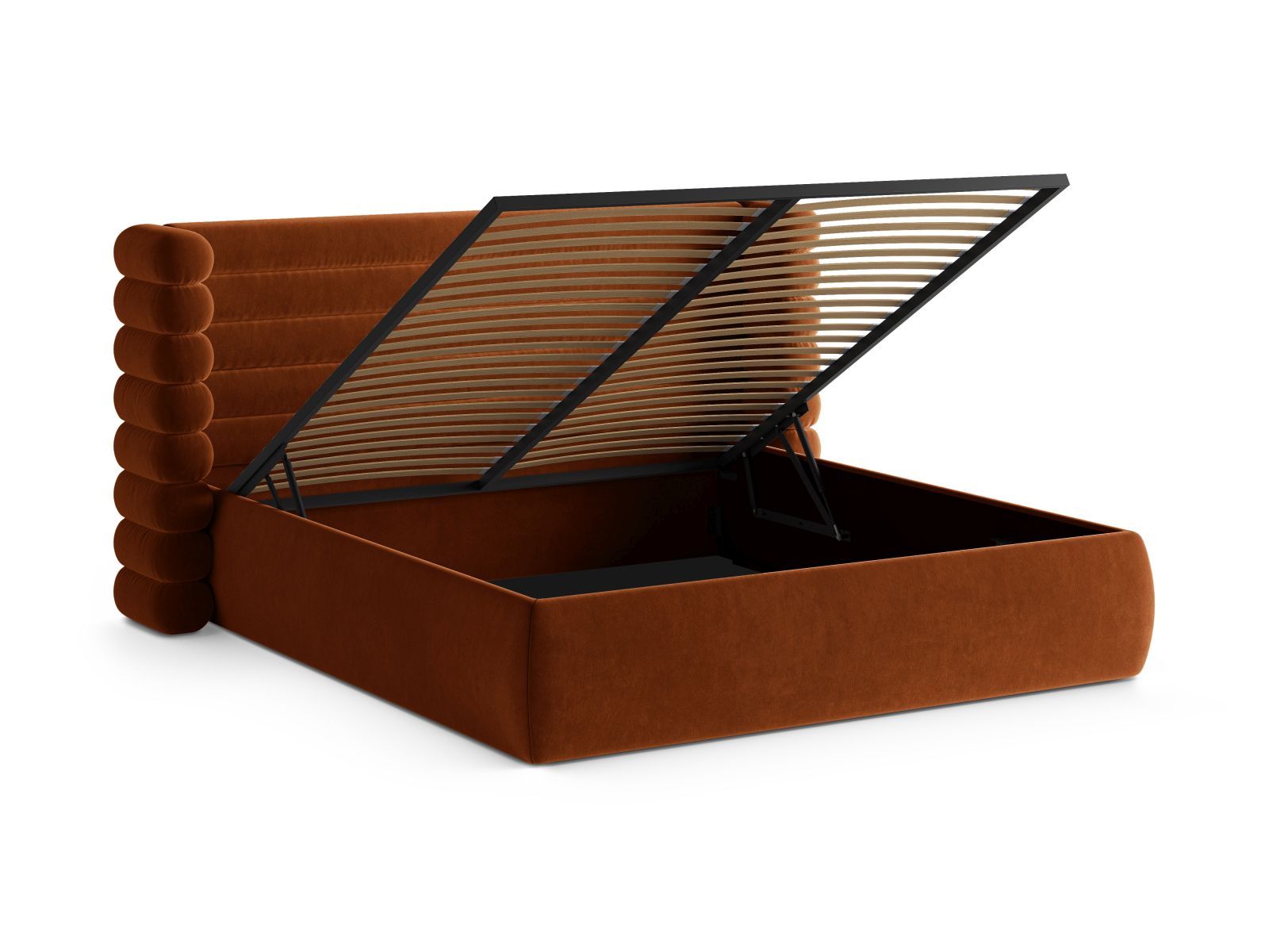 Modernes Mount Bett in sanftem Terracotta, bietet praktischen Stauraum und ein geschmackvolles Kopfteil für Ihr Schlafzimmer.