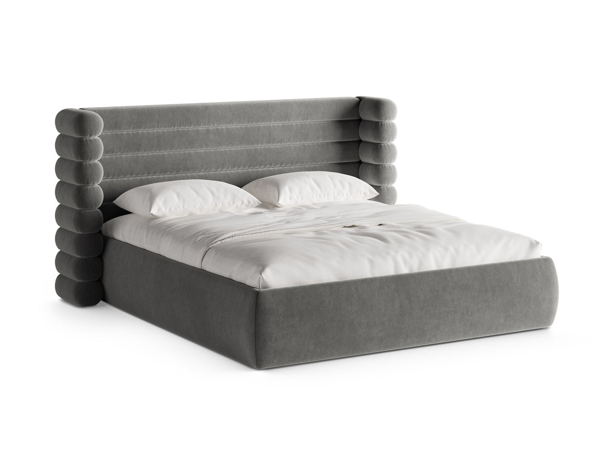 Mount Stauraumbett mit Kopfteil von Micadoni, Bettgestell mit gepolstertem Kopfteil in Beige Melange-Puente und Bettkasten mit Gaslift-Mechanismus.