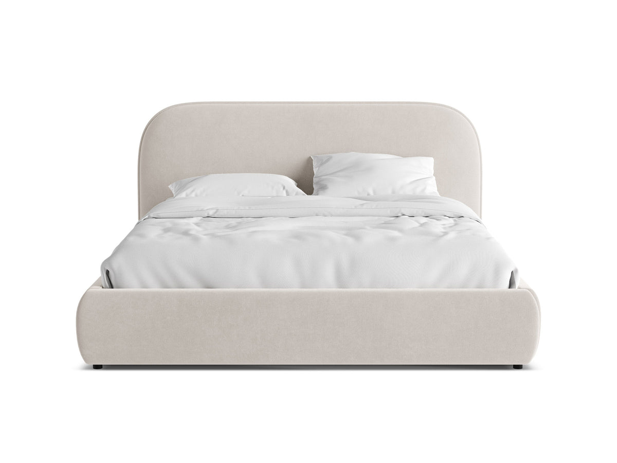 Murada Bett mit gepolstertem Kopfteil, Stoffbezug Tracy in Light Beige Melange, schwarze Kunststoffbeine, Rahmen aus Möbelplatte und Sperrholz.