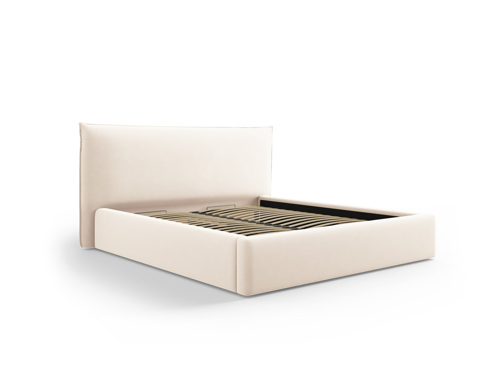 Elegantes Kaelle Velour Bett in Light Beige mit praktischem Stauraum und stilvollem Headboard, ideal für moderne Schlafzimmer.