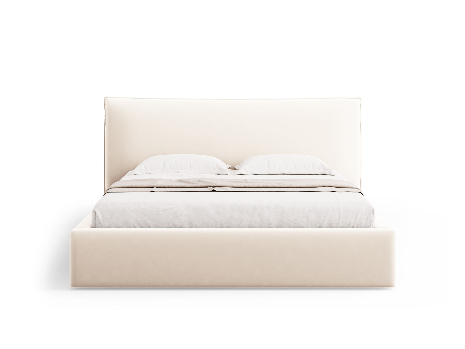 Luxuriöses Kaelle Velour Bett in sanftem Beige, ausgestattet mit praktischem Stauraum und einem ansprechenden Kopfteil für stilvolle Schlafzimmer.