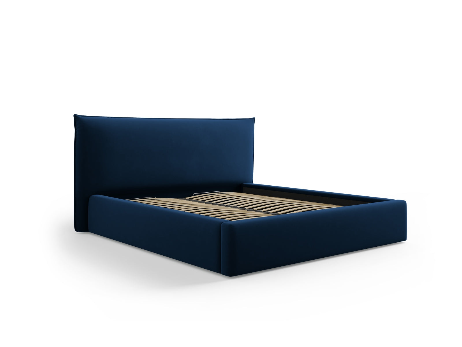 Elegantes Kaelle Velour Bett in Royal Blue mit praktischem Stauraum und stilvollem Headboard, ideal für moderne Schlafzimmer.