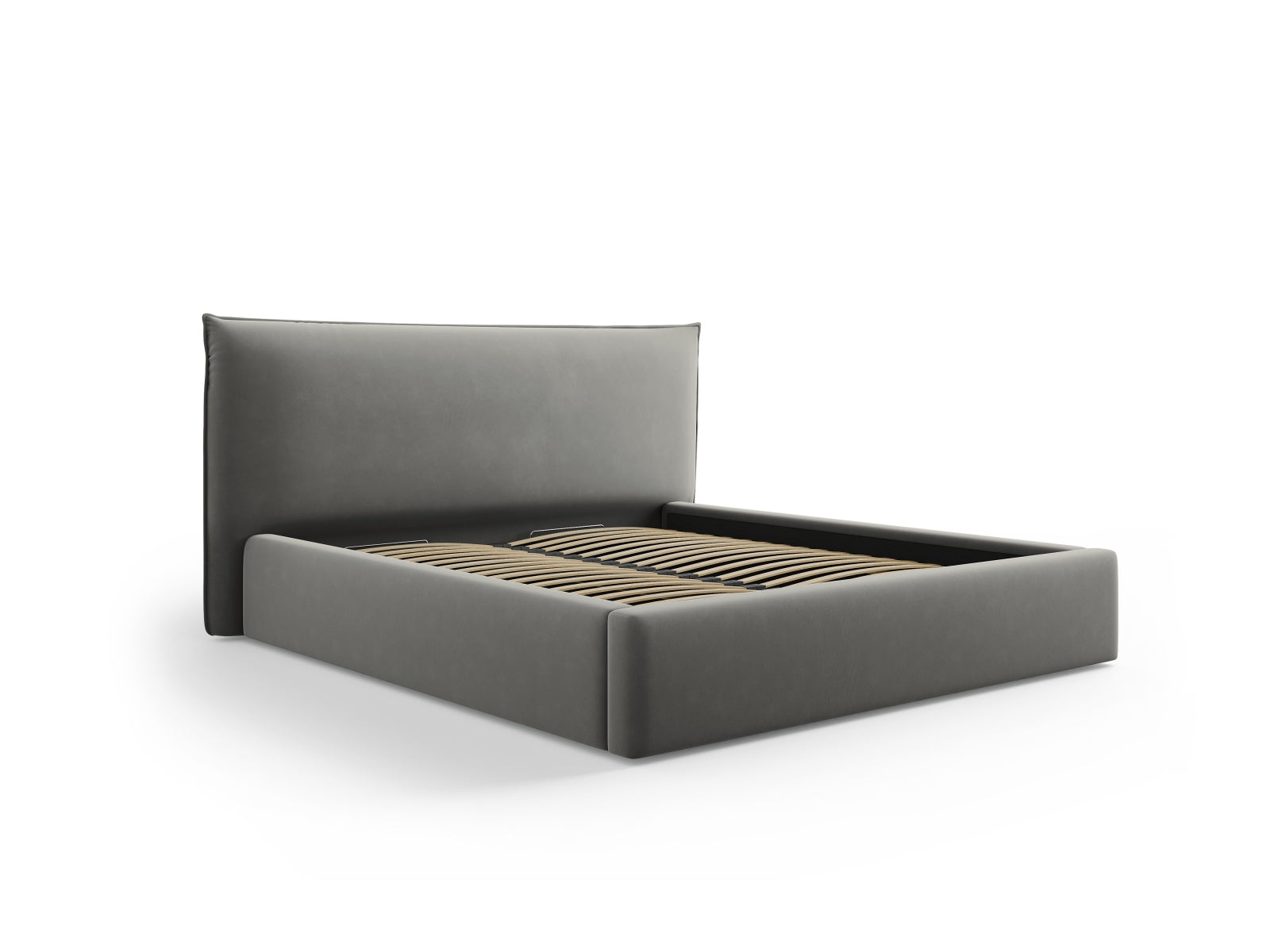 Elegantes Kaelle Velour Bett in Light Grey-Bluvel mit praktischem Stauraum und stilvollem Headboard, ideal für moderne Schlafzimmer.