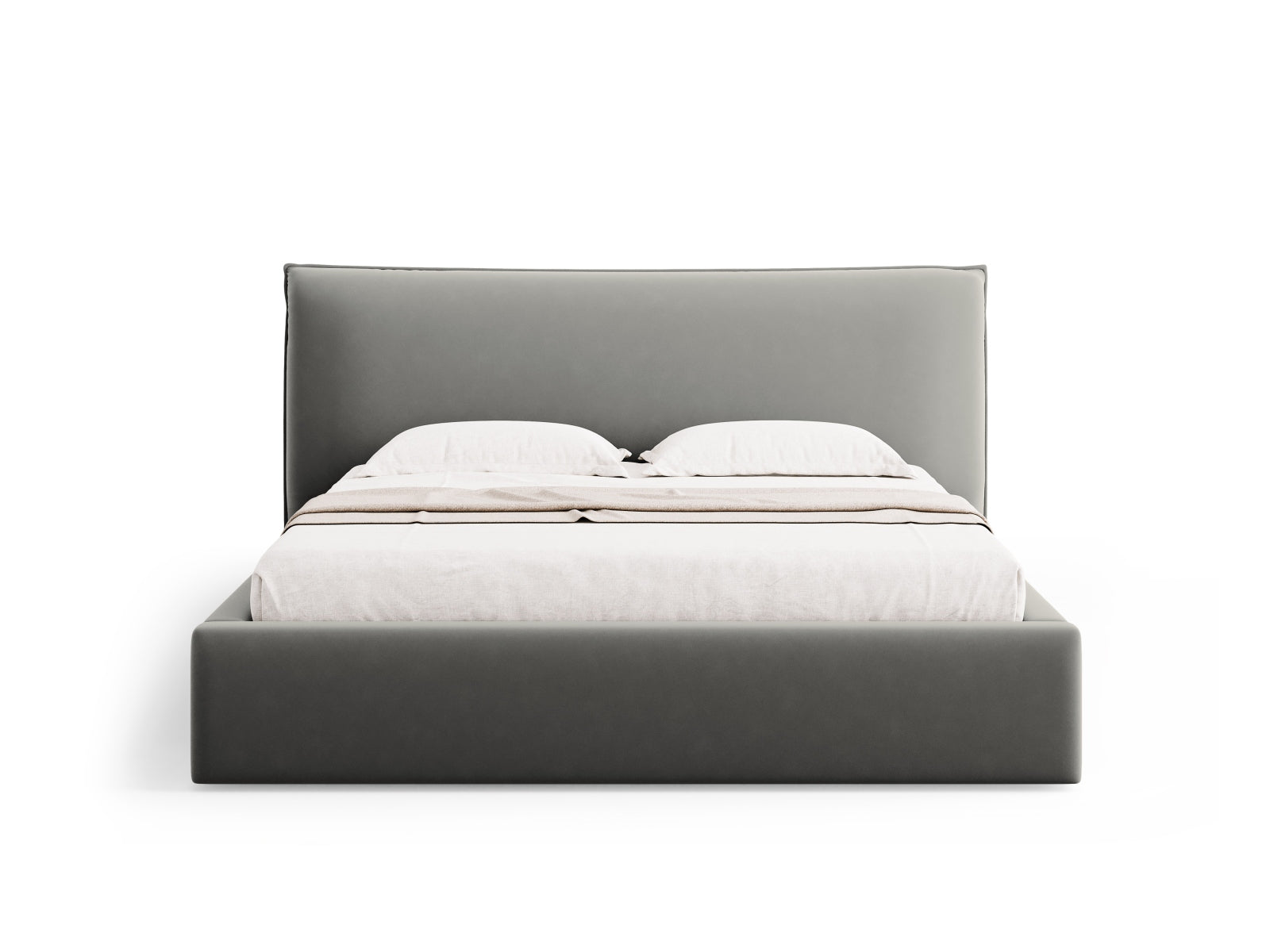Stylisches Kaelle Velour Bett in sanftem Grau mit integriertem Stauraum und ansprechendem Kopfteil, perfekt für zeitgemäße Wohnräume.