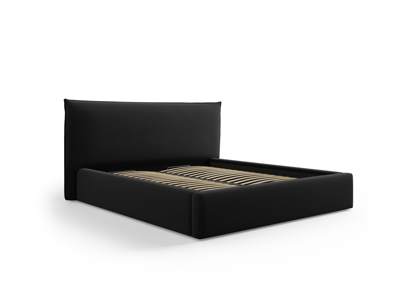 Elegantes Kaelle Velour Bett in Schwarz-Bluvel mit praktischem Stauraum und stilvollem Headboard, ideal für moderne Schlafzimmer.