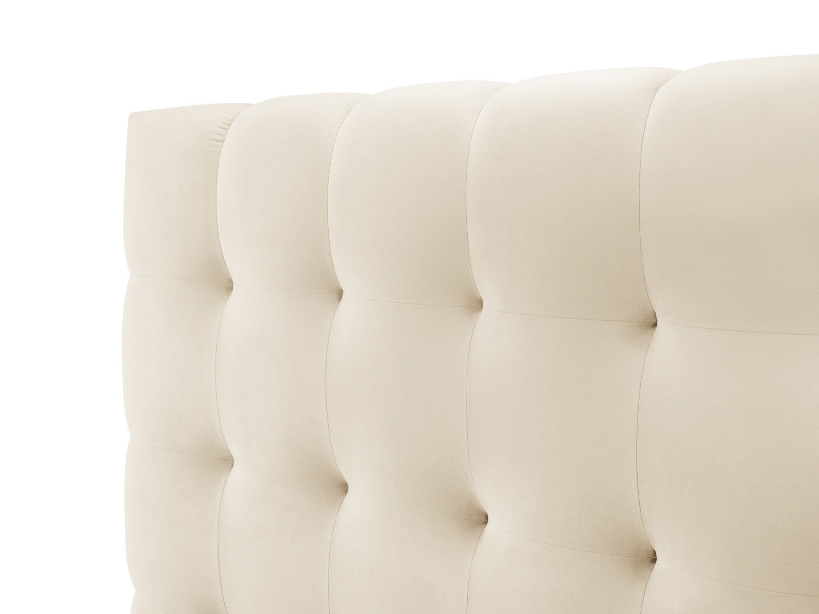 Elegantes Mamaia Velour Bett in zartem Beige, bietet großzügigen Stauraum und ein geschmackvolles Kopfteil für Ihr Schlafzimmer.