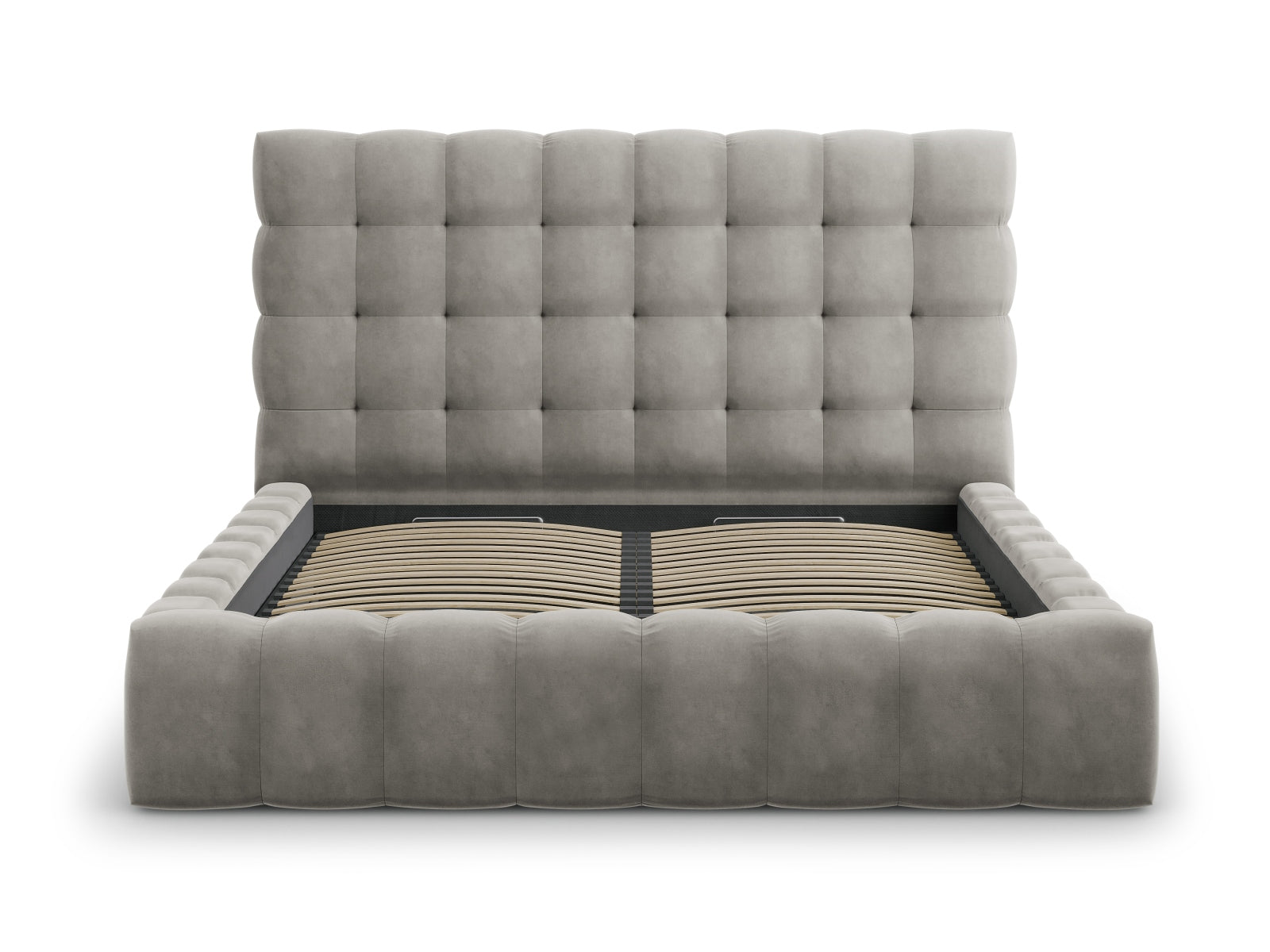 Elegantes Mamaia Velour Bett in sanftem Grau, bietet großzügigen Stauraum und ein modernes Kopfteil für stilvolle Schlafzimmer.