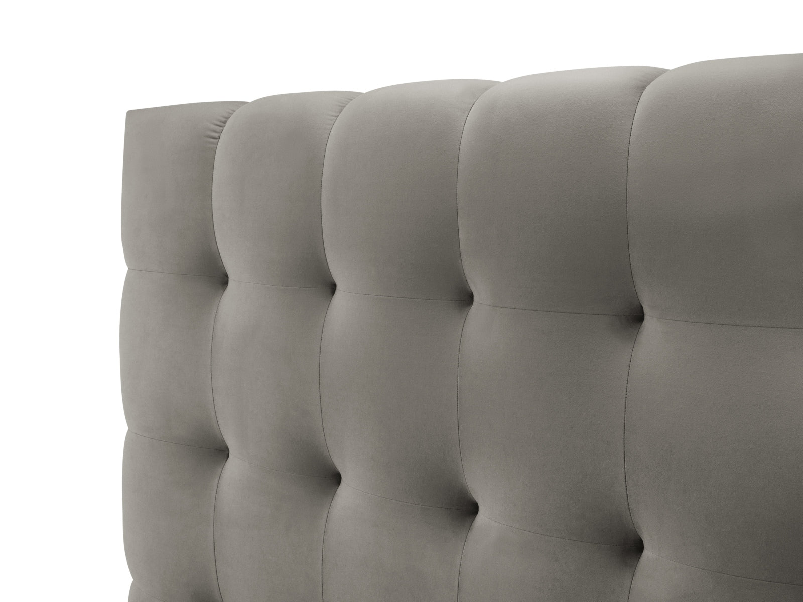 Elegantes Mamaia Velour Bett in sanftem Grau, ideal für Schlafzimmer, bietet zusätzlichen Stauraum und ein modernes Kopfteil.