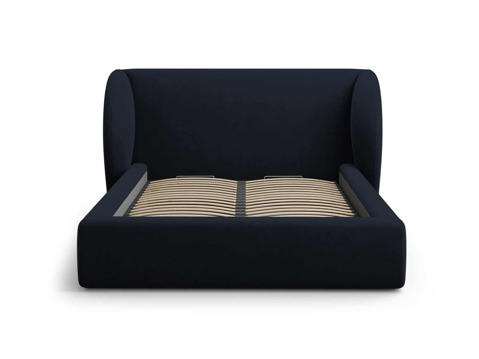 Luxuriöses Miley Velour Bett in tiefem Blau, ausgestattet mit Stauraum und einem ansprechenden Kopfteil, perfekt für zeitgemäße Wohnräume.