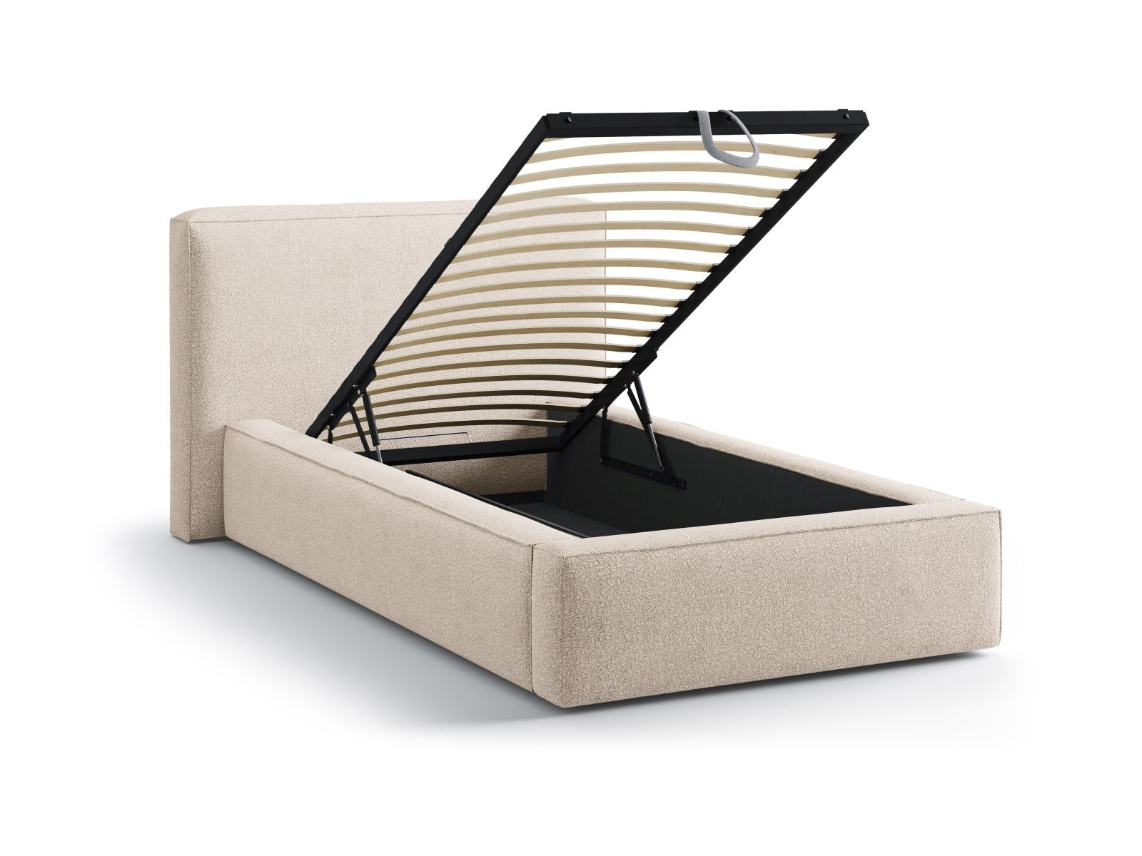 Modernes Jodie Bett in 90 cm Breite, ideal für kleine Räume, bietet cleveren Stauraum und ein geschmackvolles Kopfteil in neutralem Beige.