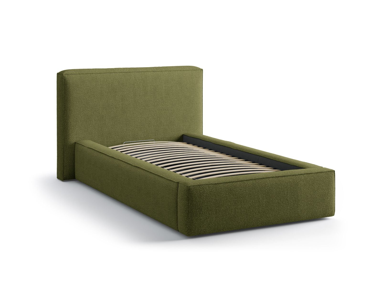 Elegantes Jodie Bett in Dunkelolivgrün, 90 cm, mit funktionalem Stauraum und geschmackvollem Kopfteil, ideal für platzsparende Lösungen.
