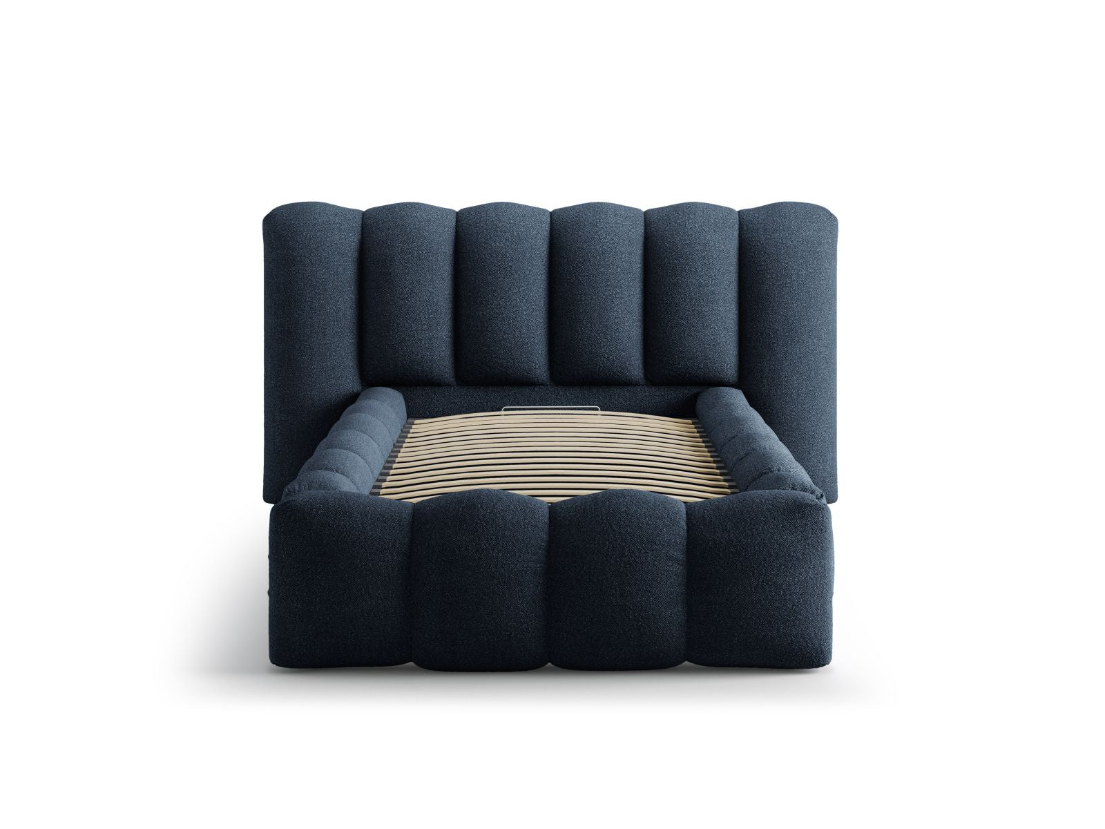 Elegantes Lupine Bett mit Stauraum und Kopfteil in Dunkelblau, ideal für stilvolle Schlafzimmerlösungen von Micadoni.
