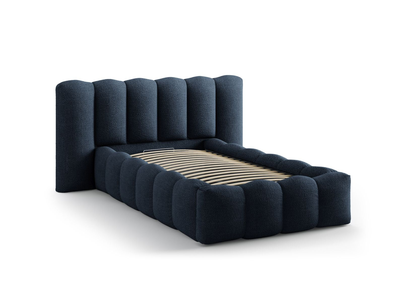 Elegantes Lupine Bett mit 90 cm Breite, ausgestattet mit praktischem Stauraum und einem stilvollen Kopfteil in Dunkelblau.