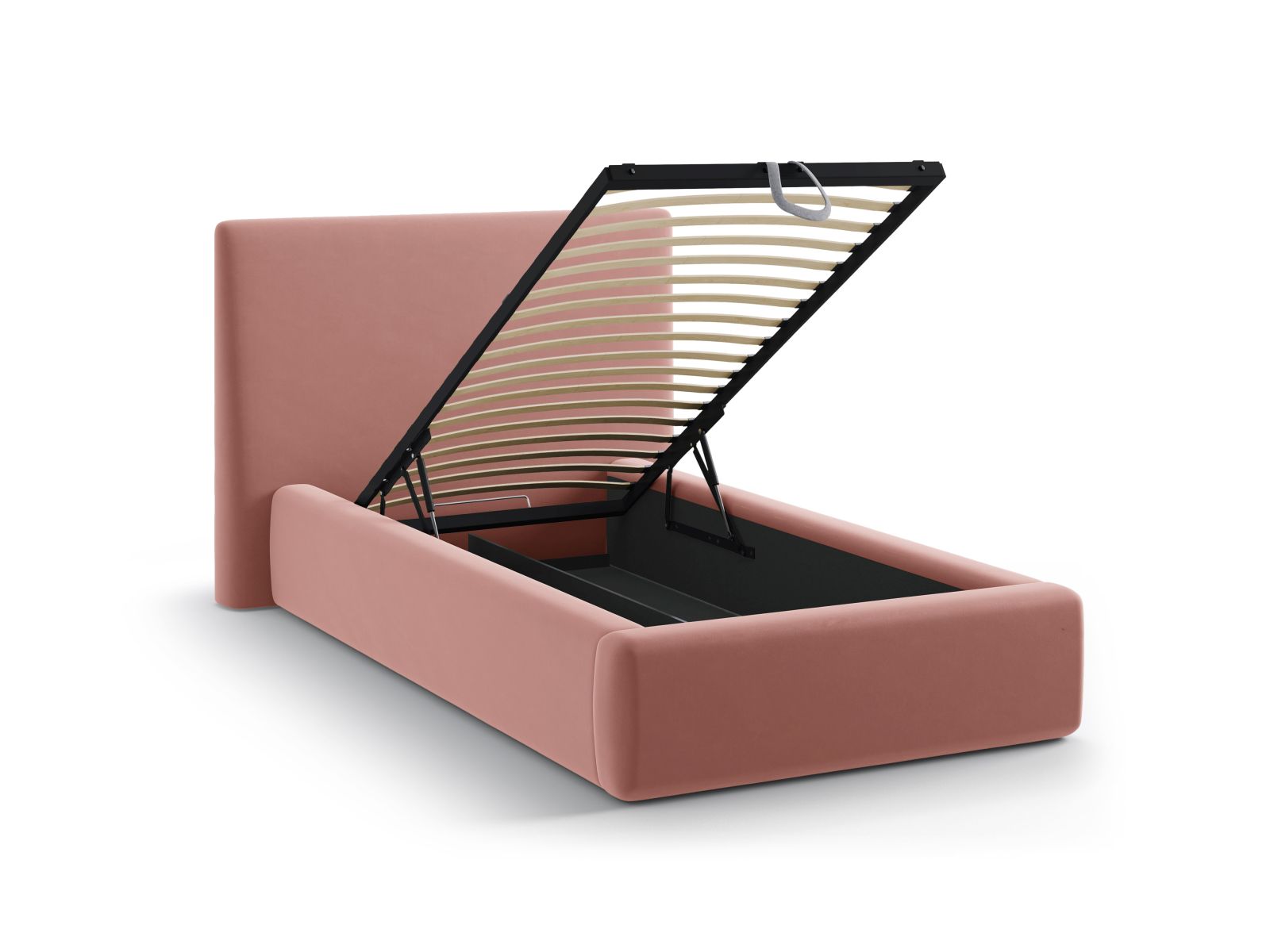 Elegantes Amy Bett in sanftem Pink-Magic Velvet, ausgestattet mit praktischem Stauraum und einem geschmackvollen Kopfteil für stilvolle Schlafzimmer.