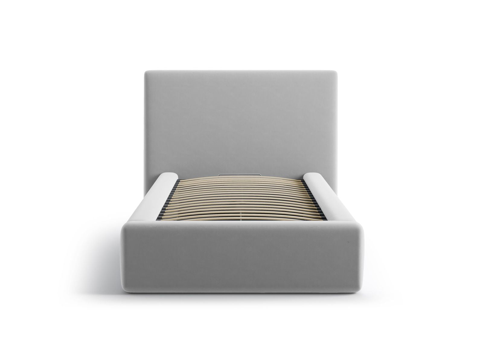 Stylisches Amy Bett mit praktischem Stauraum und elegantem Kopfteil in 90cm Breite, gefertigt aus hochwertigem Light Grey-Magic Velvet.