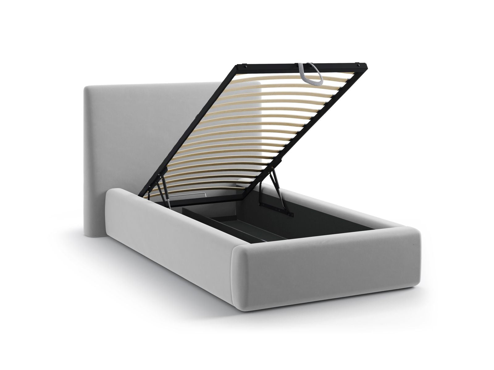 Modernes Amy Bett mit 90 cm Breite, elegantem Kopfteil und praktischem Stauraum, bezogen mit edlem Light Grey-Magic Velvet.
