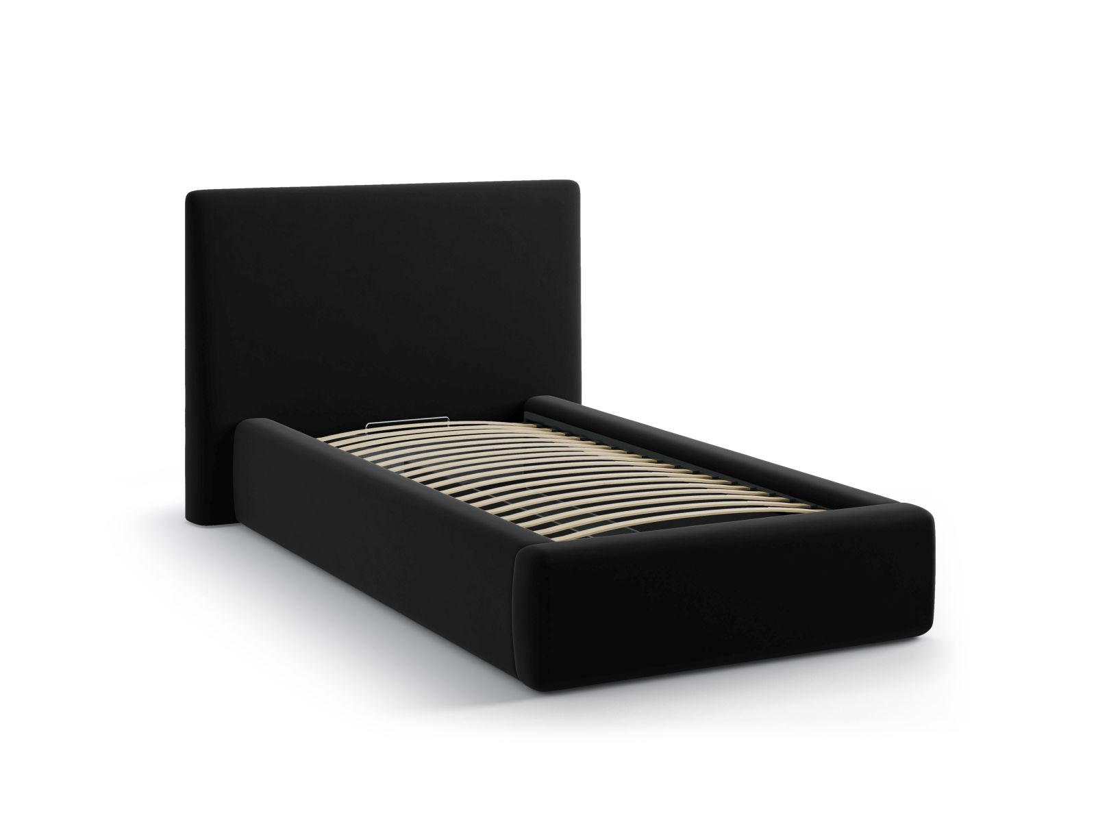 Modernes Amy Bett mit 90 cm Breite, bietet cleveren Stauraum und ein geschmackvolles Kopfteil in Black-Magic Velvet, ideal für stilvolle Schlafzimmer.