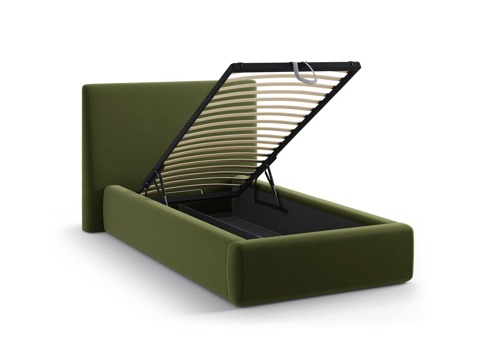 Stylisches Amy Bett in Army Green-Magic Velvet, ausgestattet mit praktischem Stauraum und elegantem Kopfteil für ein modernes Schlafzimmer.