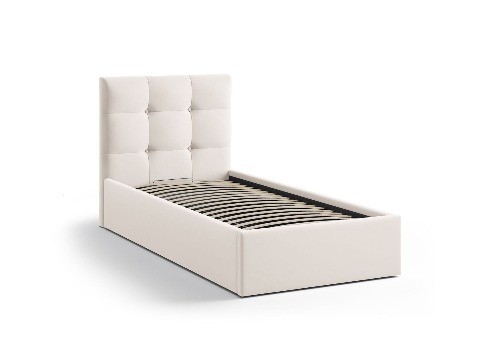 Elegantes Phaedra Bett in 90 cm mit funktionalem Stauraum und luxuriösem Kopfteil aus Ivory-Magic Velvet für stilvolle Schlafzimmer.