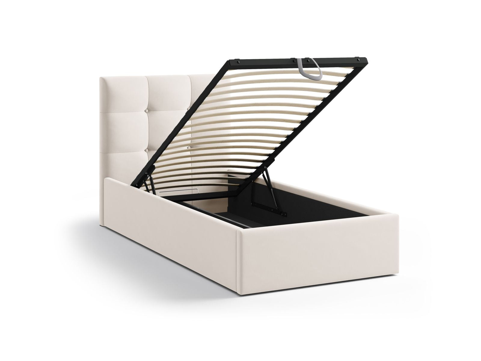 Modernes Phaedra Bett mit 90 cm Breite, ausgestattet mit praktischem Stauraum und einem eleganten Kopfteil aus Ivory-Magic Velvet.
