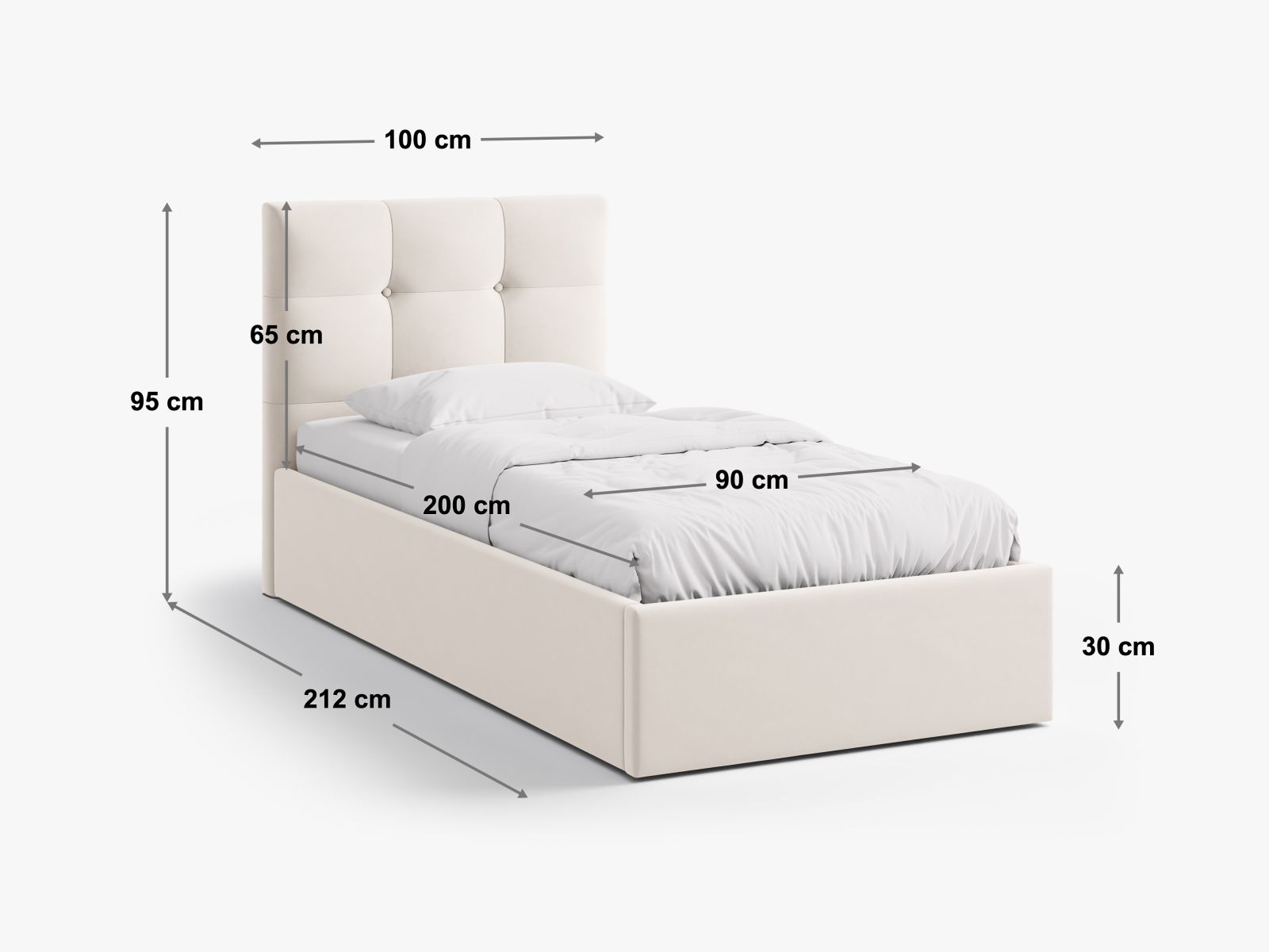 Modernes Phaedra Bett in Light Grey-Magic Velvet, 90 cm breit, mit praktischem Stauraum und elegantem Kopfteil für ein stilvolles Ambiente.