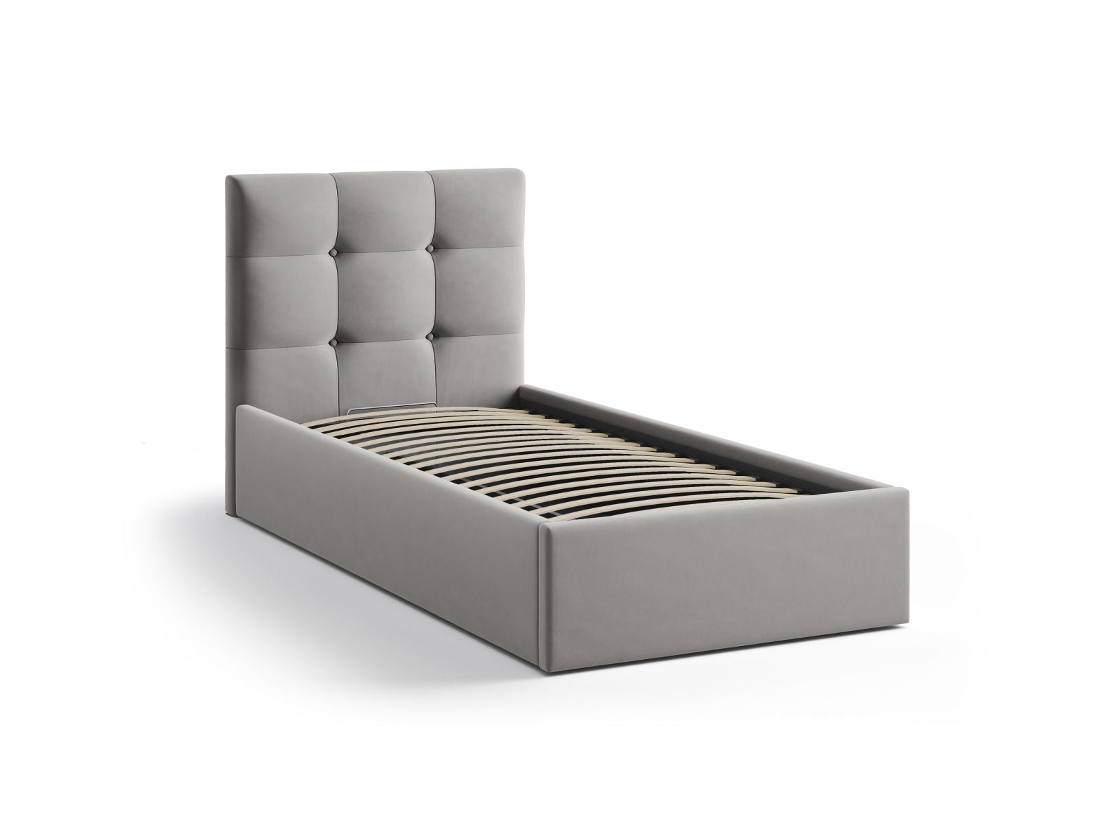 Elegantes Phaedra Bett mit 90 cm Breite, bietet cleveren Stauraum und ein stilvolles Kopfteil in edlem Dunkelgrau.