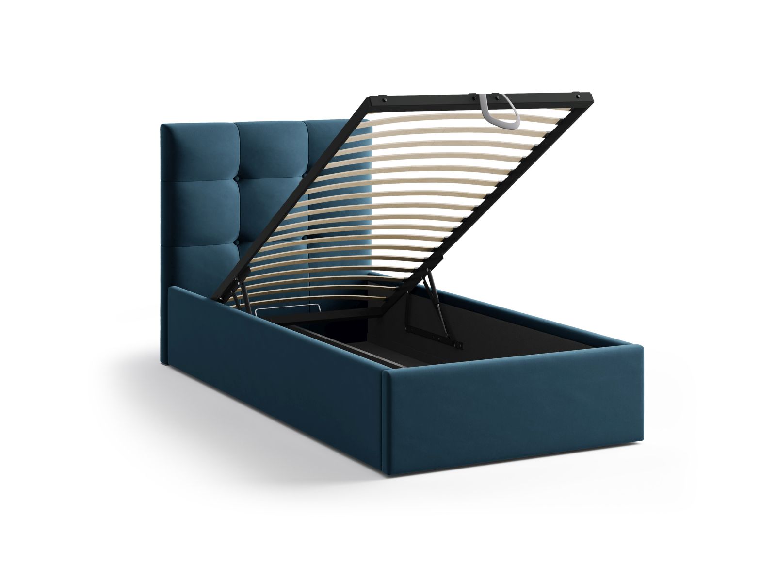 Stylisches Phaedra Bett in tiefem Navy Blue, 90 cm, ausgestattet mit praktischem Stauraum und einem eleganten Kopfteil für modernes Wohndesign.