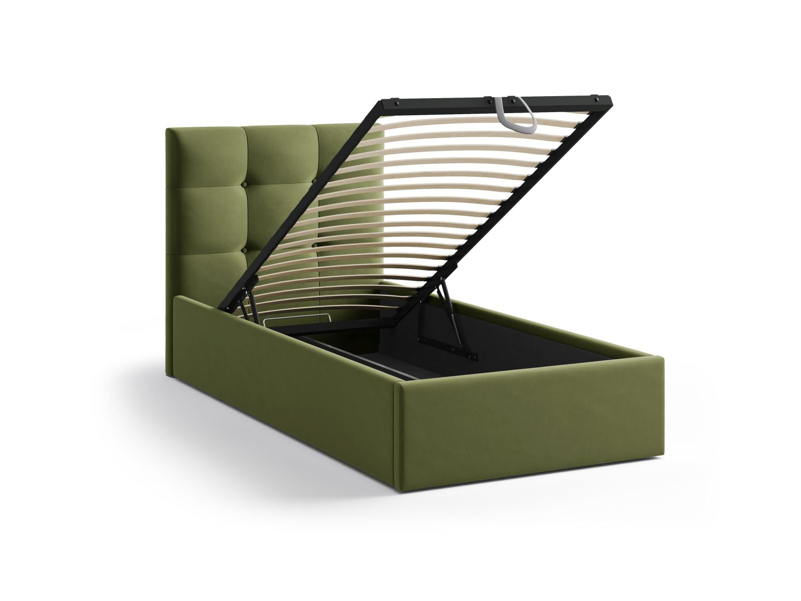 Stylisches Phaedra Bett in Army Green-Magic Velvet, 90 cm, mit funktionalem Stauraum und modernem Kopfteil für ein elegantes Ambiente.