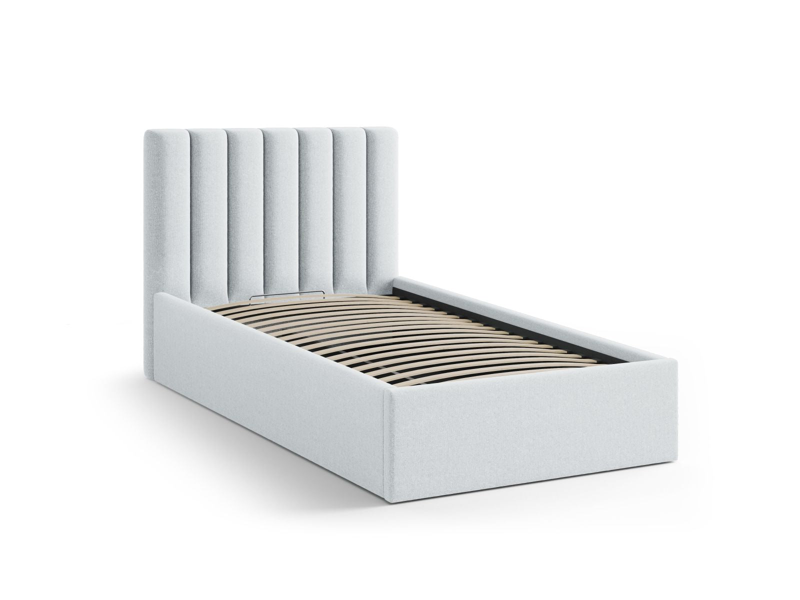Modernes 90 cm breites Bett Allison von Micadoni, bietet cleveren Stauraum und elegantes Kopfteil in hellem Grau.
