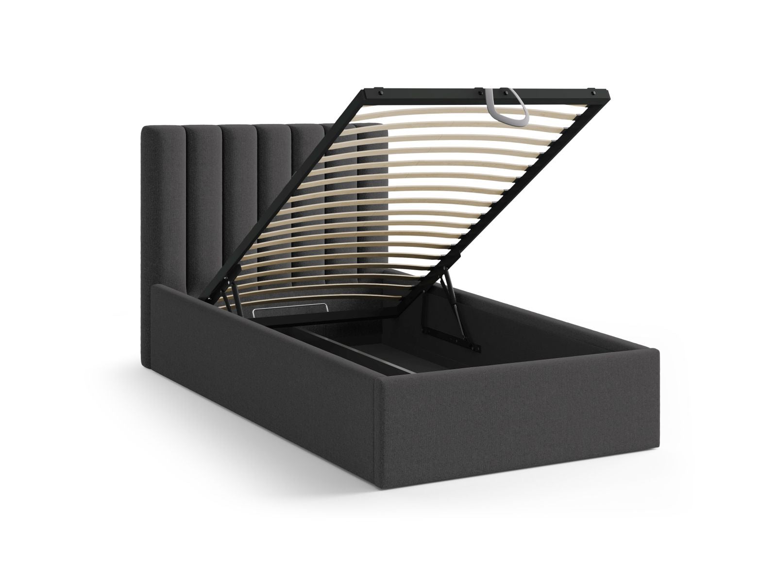 Modernes 90 cm breites Bett von Micadoni, ausgestattet mit einem eleganten Kopfteil und praktischem Stauraum, perfekt für kompakte Schlafzimmer.